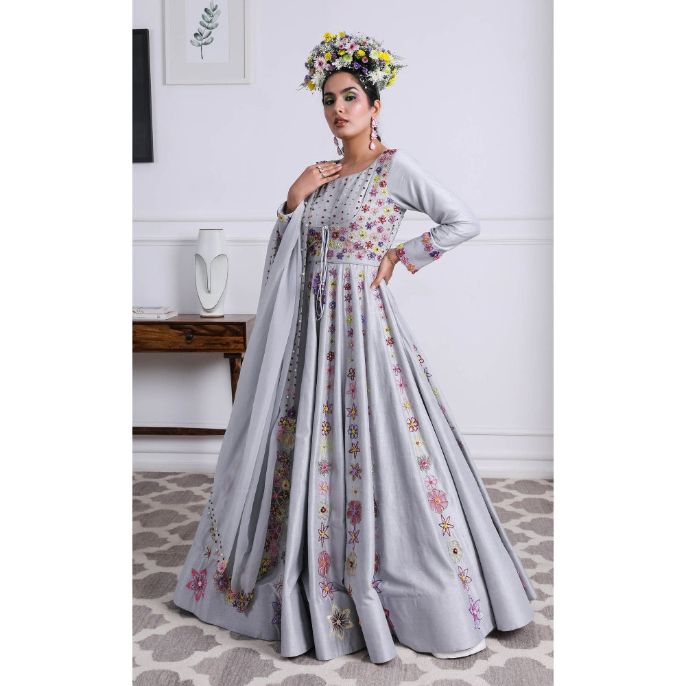 Kiran Kalsi Grey Embellished Anarkali Kurta and Dupatta (Set of 2)