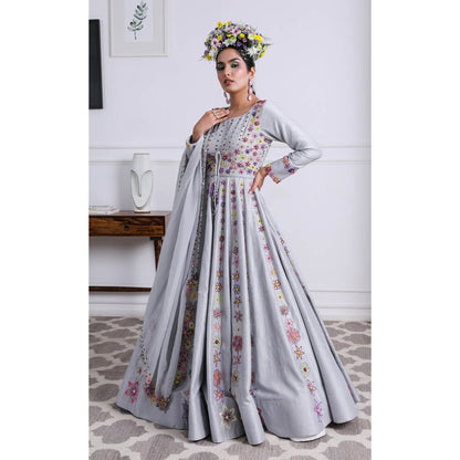 Kiran Kalsi Grey Embellished Anarkali Kurta and Dupatta (Set of 2)