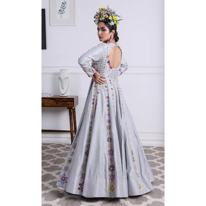 Kiran Kalsi Grey Embellished Anarkali Kurta and Dupatta (Set of 2)