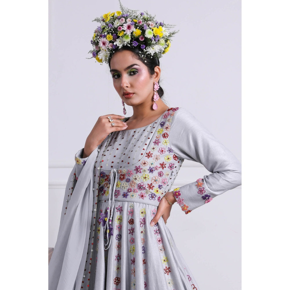 Kiran Kalsi Grey Embellished Anarkali Kurta and Dupatta (Set of 2)