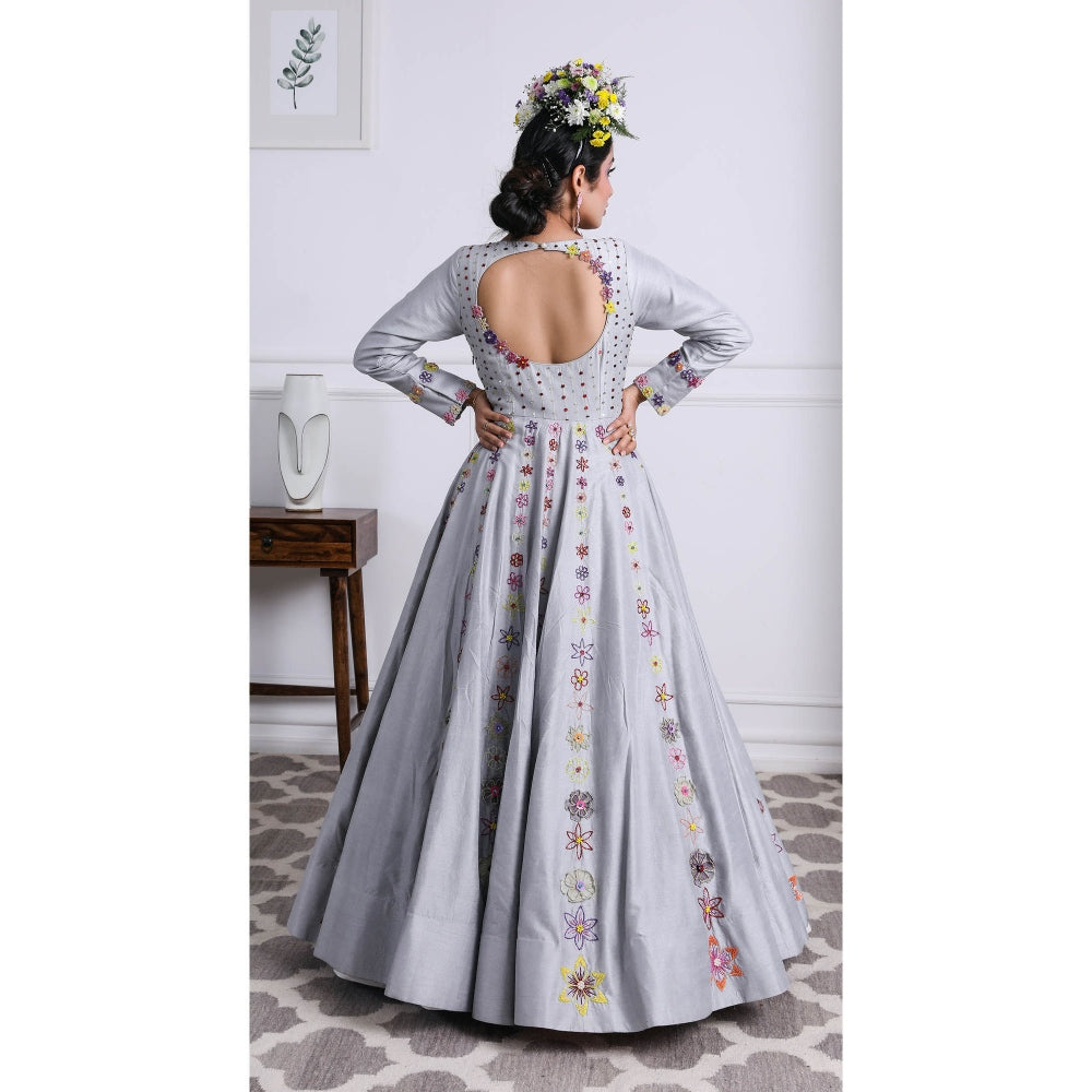 Kiran Kalsi Grey Embellished Anarkali Kurta and Dupatta (Set of 2)