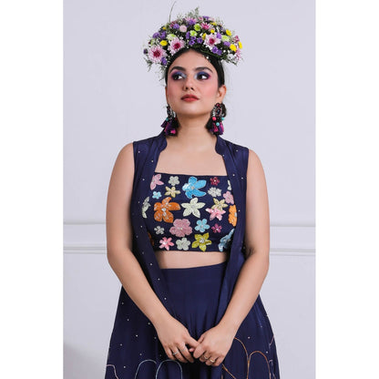 Kiran Kalsi Astral Navy Blue Sequined Crop Top with Sharara and Cape (Set of 3)