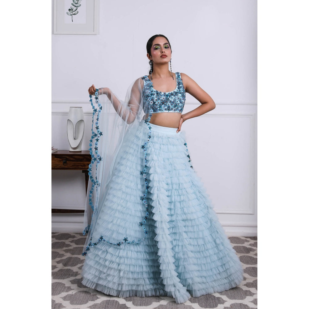 Kiran Kalsi Icy Blue Lehenga with Blouse and Dupatta (Set of 3)