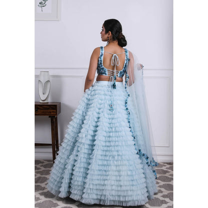 Kiran Kalsi Icy Blue Lehenga with Blouse and Dupatta (Set of 3)