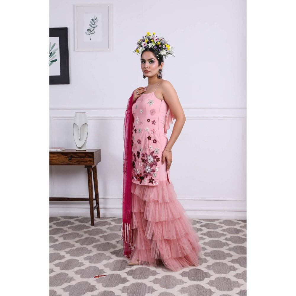 Kiran Kalsi Candy Pink Embellished Kurti with Sharara and Dupatta (Set of 3)