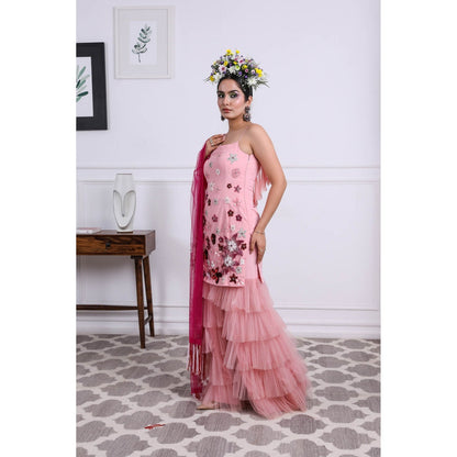 Kiran Kalsi Candy Pink Embellished Kurti with Sharara and Dupatta (Set of 3)