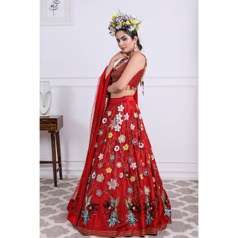 Kiran Kalsi Red Embellished Lehenga with Blouse and Dupatta (Set of 3)