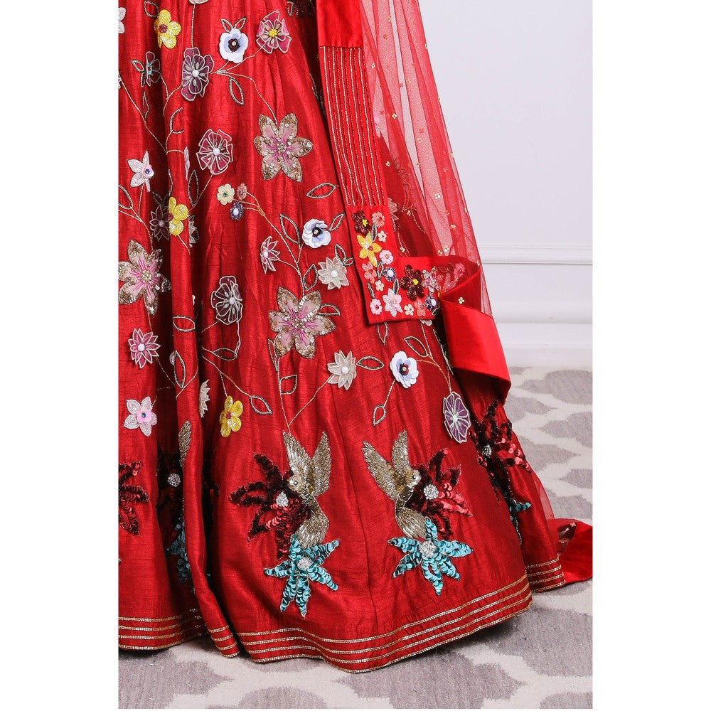 Kiran Kalsi Red Embellished Lehenga with Blouse and Dupatta (Set of 3)