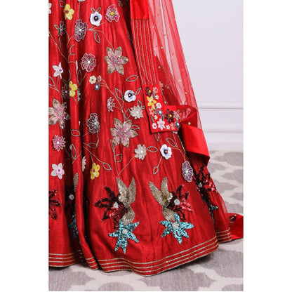 Kiran Kalsi Red Embellished Lehenga with Blouse and Dupatta (Set of 3)