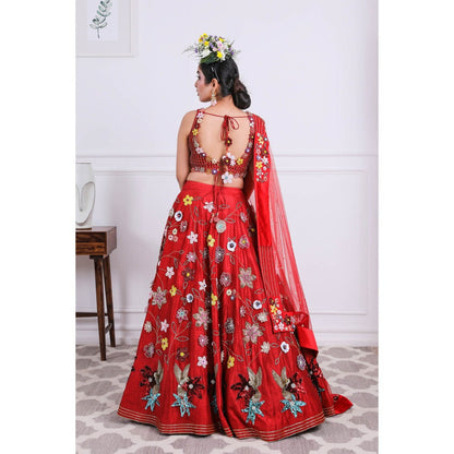 Kiran Kalsi Red Embellished Lehenga with Blouse and Dupatta (Set of 3)