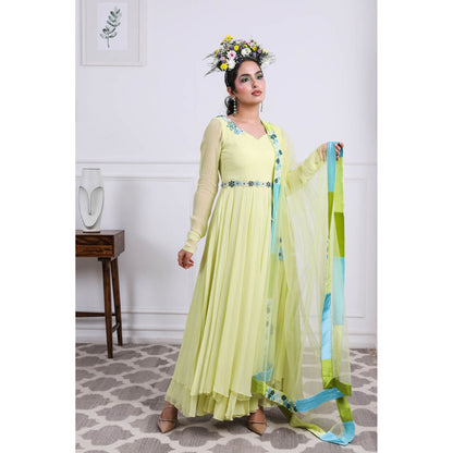 Kiran Kalsi Lime Green Embellished Anarkali Kurta and Dupatta (Set of 3)