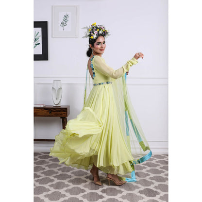 Kiran Kalsi Lime Green Embellished Anarkali Kurta and Dupatta (Set of 3)