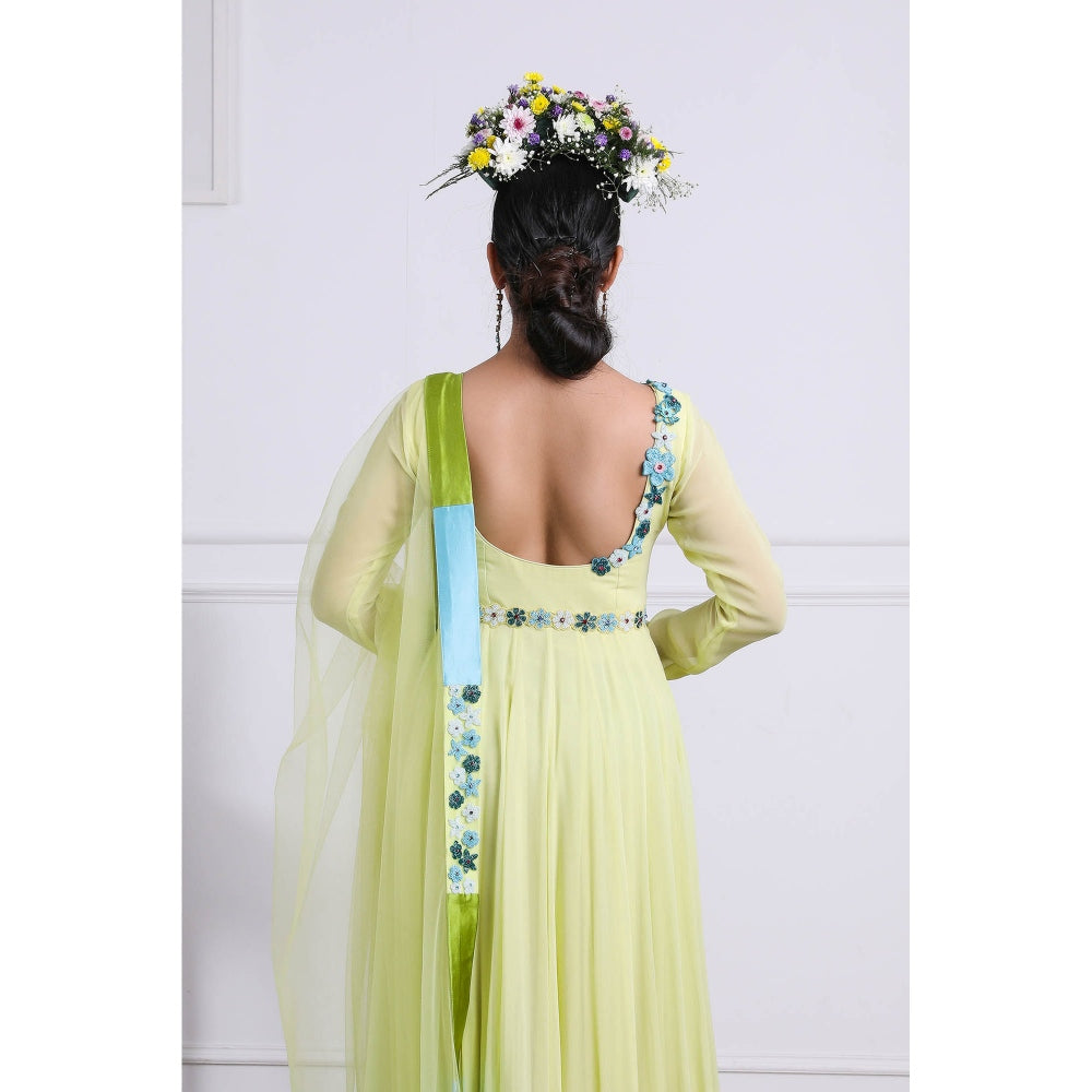 Kiran Kalsi Lime Green Embellished Anarkali Kurta and Dupatta (Set of 3)