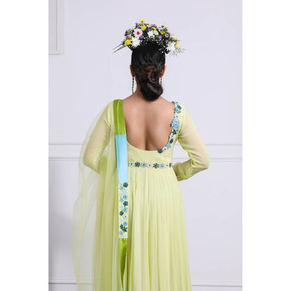 Kiran Kalsi Lime Green Embellished Anarkali Kurta and Dupatta (Set of 3)