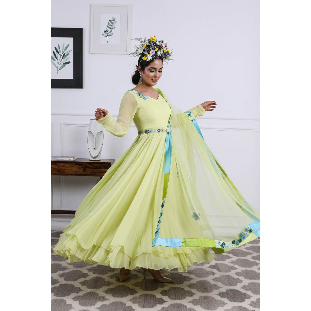 Kiran Kalsi Lime Green Embellished Anarkali Kurta and Dupatta (Set of 3)
