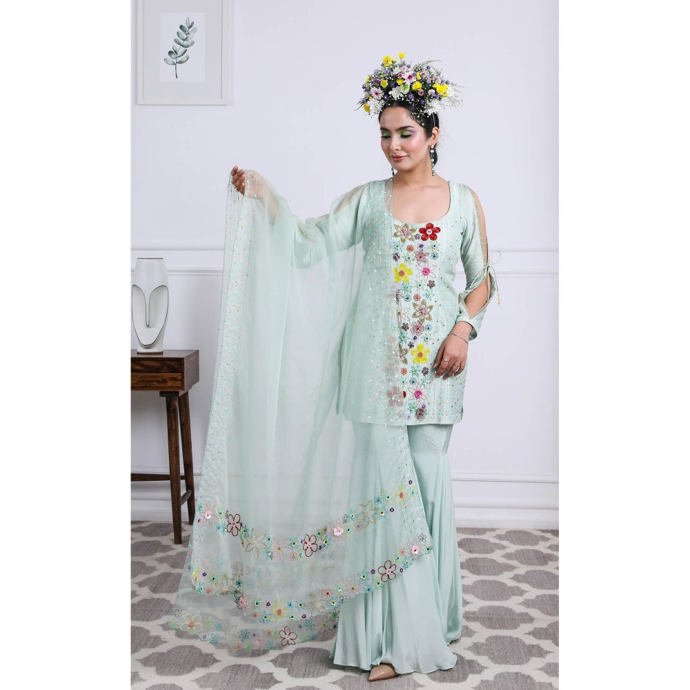 Kiran Kalsi Pastel Green Kurti with Sharara and Dupatta (Set of 3)