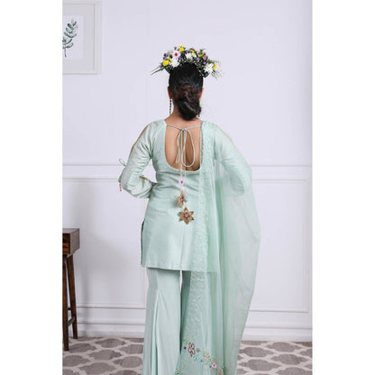 Kiran Kalsi Pastel Green Kurti with Sharara and Dupatta (Set of 3)