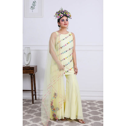 Kiran Kalsi Light Yellow Sequined Kurti with Sharara and Dupatta (Set of 3)