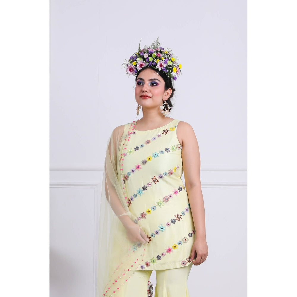 Kiran Kalsi Light Yellow Sequined Kurti with Sharara and Dupatta (Set of 3)