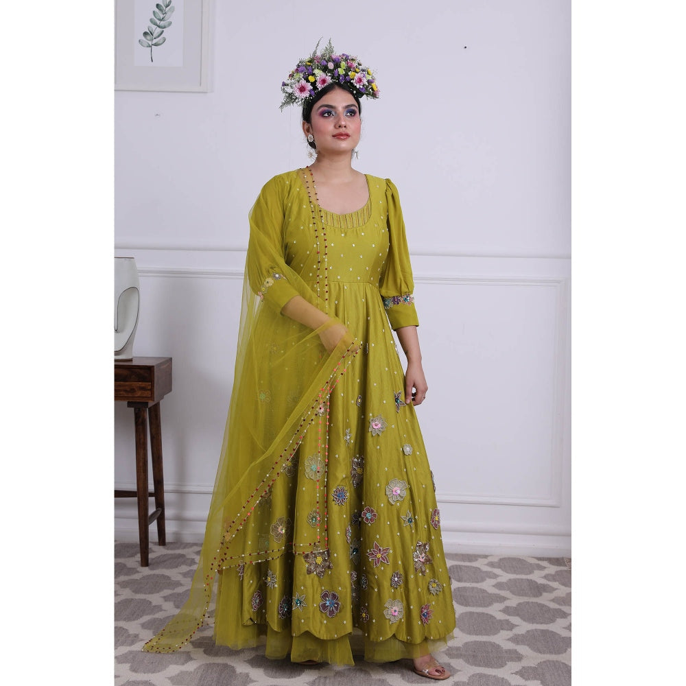 Kiran Kalsi Olive Embroidered Anarkali Kurta and Dupatta (Set of 2)