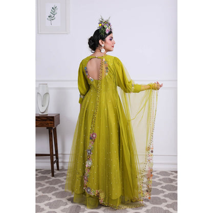 Kiran Kalsi Olive Embroidered Anarkali Kurta and Dupatta (Set of 2)