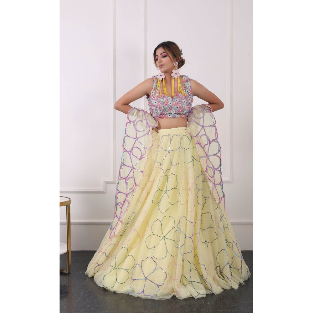 Kiran Kalsi Lemon Yellow Embroidered Lehenga with Blouse and Dupatta (Set of 3)