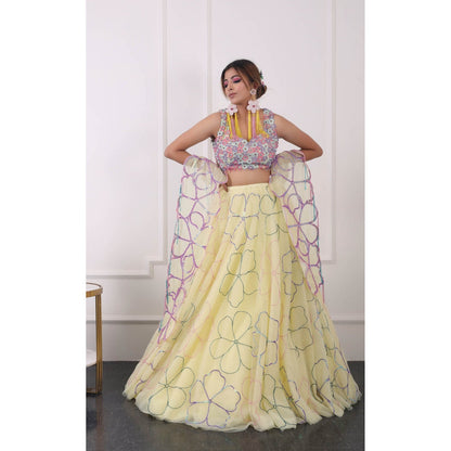 Kiran Kalsi Lemon Yellow Embroidered Lehenga with Blouse and Dupatta (Set of 3)