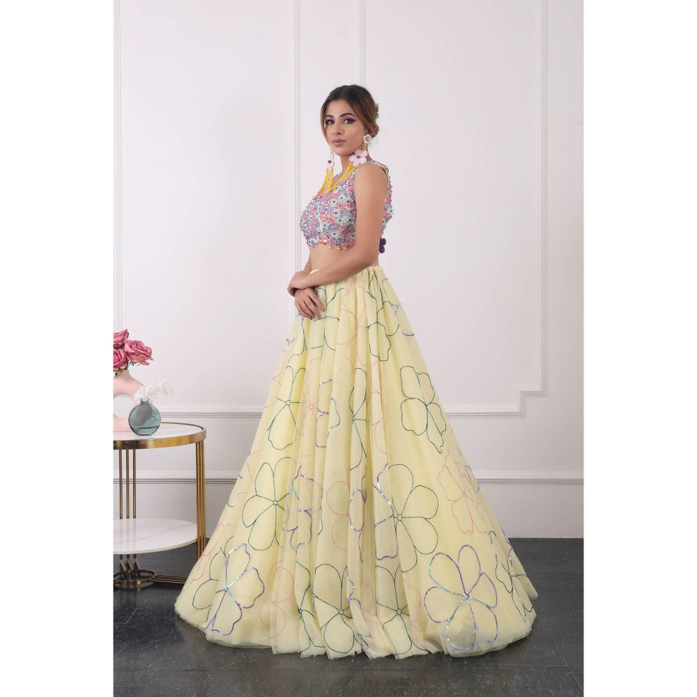 Kiran Kalsi Lemon Yellow Embroidered Lehenga with Blouse and Dupatta (Set of 3)