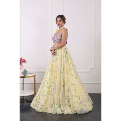 Kiran Kalsi Lemon Yellow Embroidered Lehenga with Blouse and Dupatta (Set of 3)