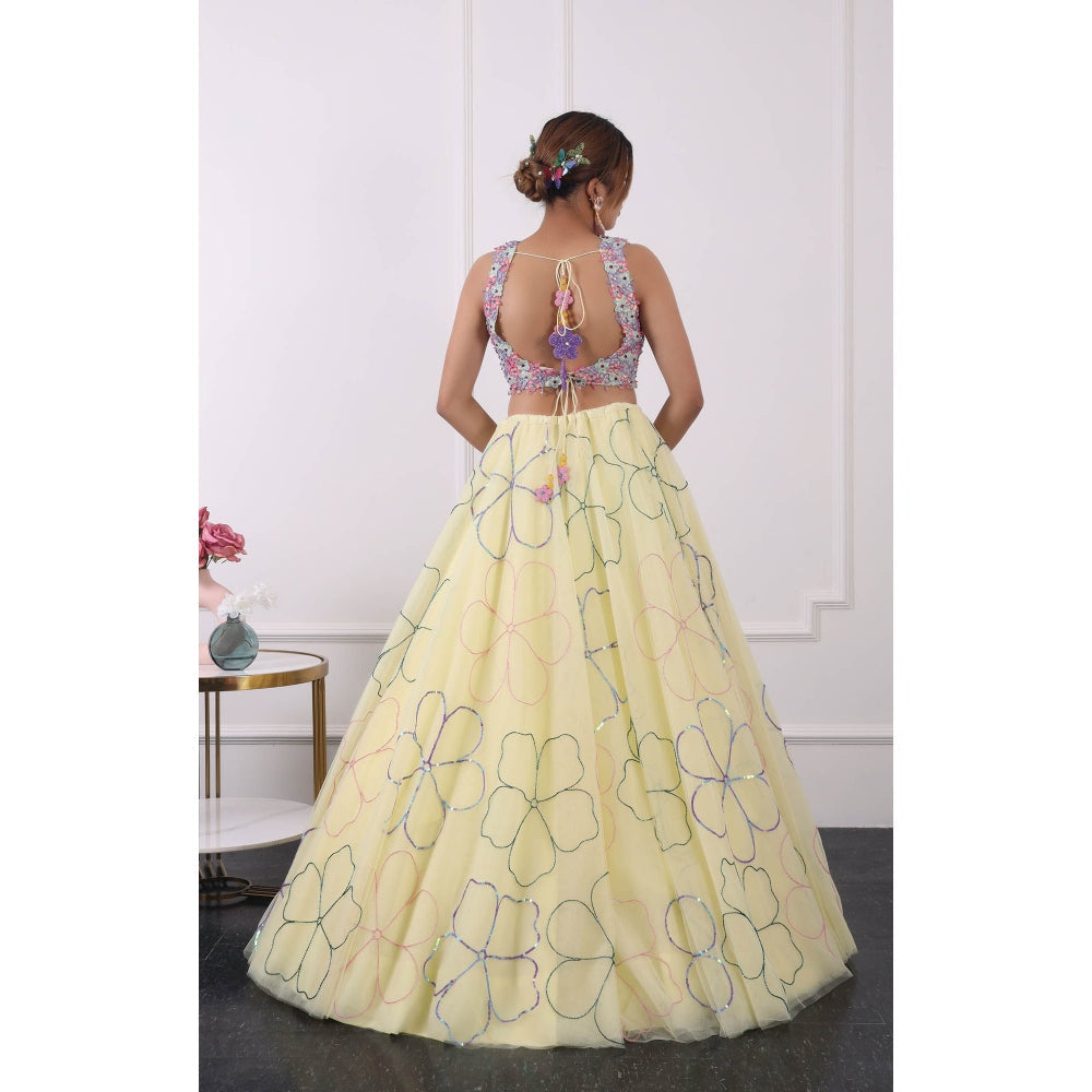 Kiran Kalsi Lemon Yellow Embroidered Lehenga with Blouse and Dupatta (Set of 3)