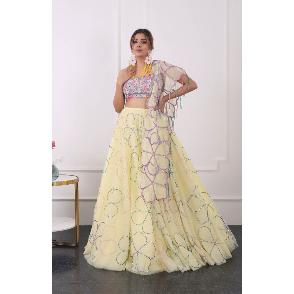 Kiran Kalsi Lemon Yellow Embroidered Lehenga with Blouse and Dupatta (Set of 3)