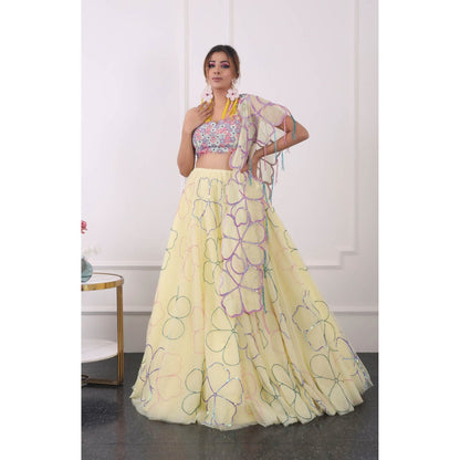 Kiran Kalsi Lemon Yellow Embroidered Lehenga with Blouse and Dupatta (Set of 3)