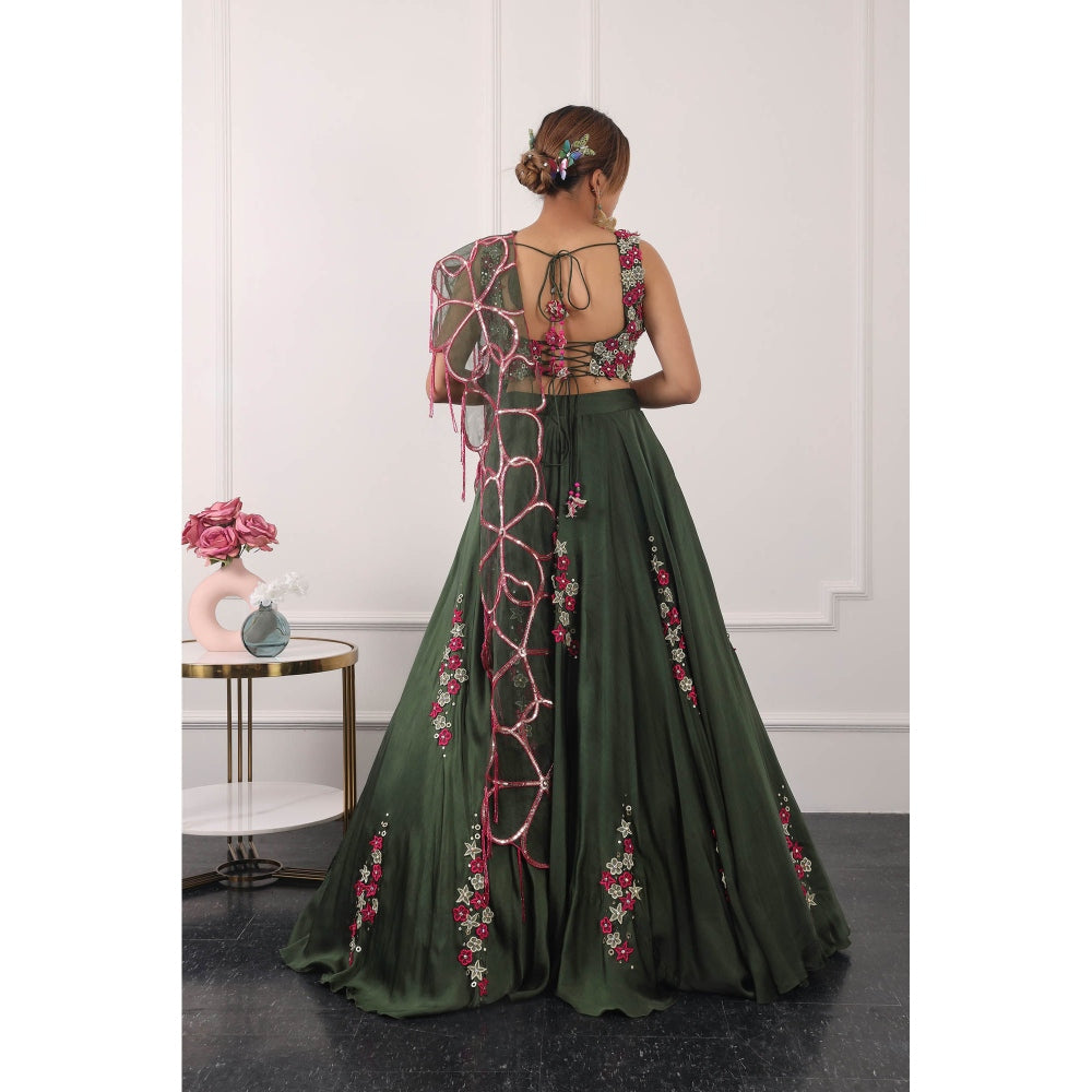 Kiran Kalsi Dark Green Embroidered Lehenga with Blouse and Dupatta (Set of 3)