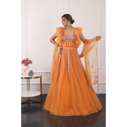 Kiran Kalsi Orange 3D Embroidered Lehenga with Blouse and Dupatta (Set of 3)