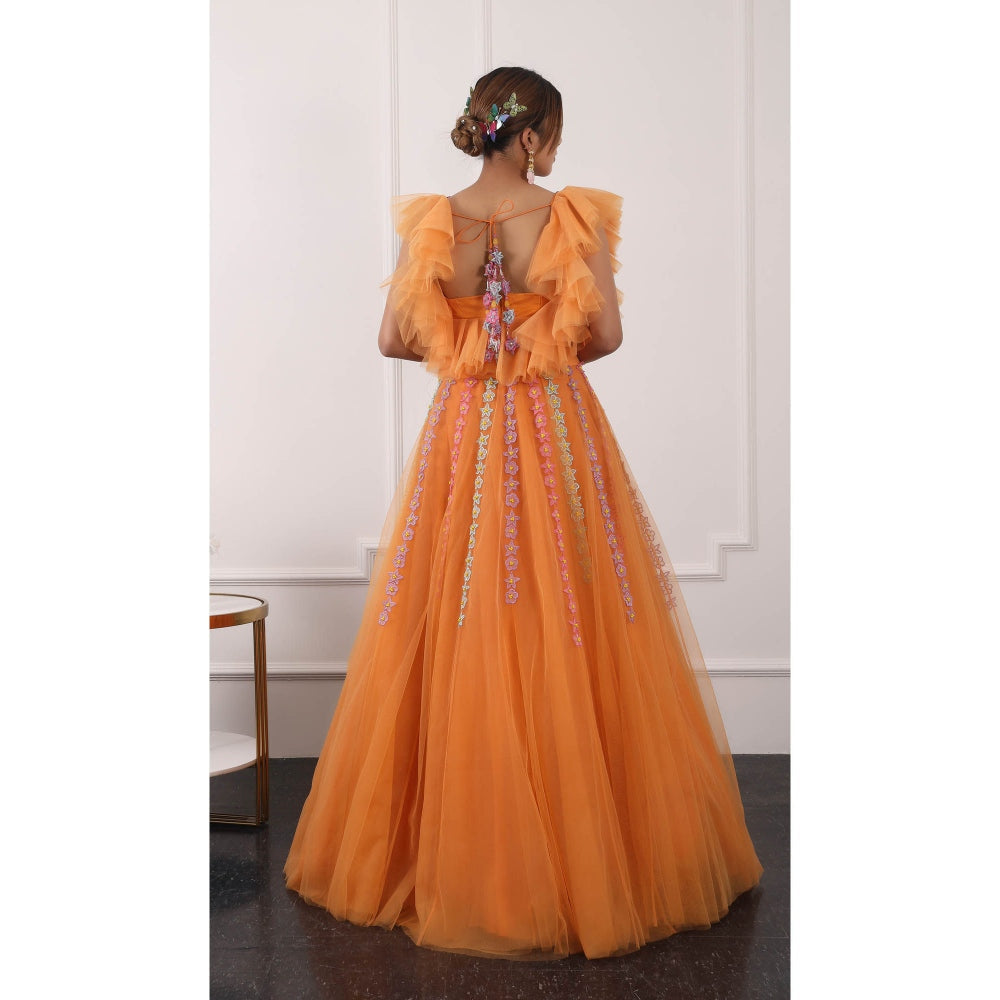 Kiran Kalsi Orange 3D Embroidered Lehenga with Blouse and Dupatta (Set of 3)