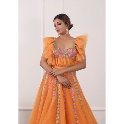 Kiran Kalsi Orange 3D Embroidered Lehenga with Blouse and Dupatta (Set of 3)
