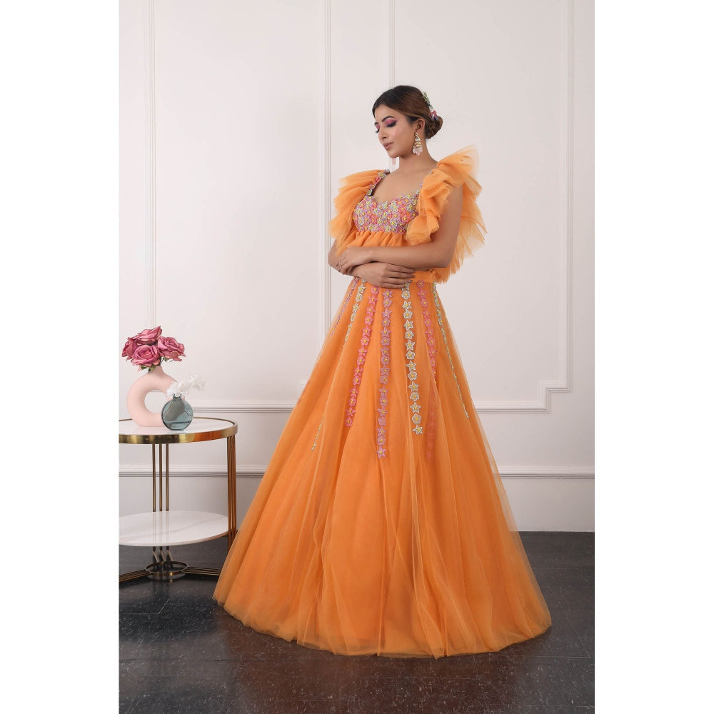 Kiran Kalsi Orange 3D Embroidered Lehenga with Blouse and Dupatta (Set of 3)