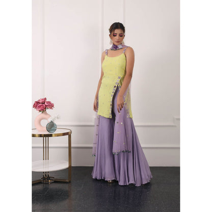 Kiran Kalsi Yellow and Lavender Embroidered Kurti with Sharara and Dupatta (Set of 3)