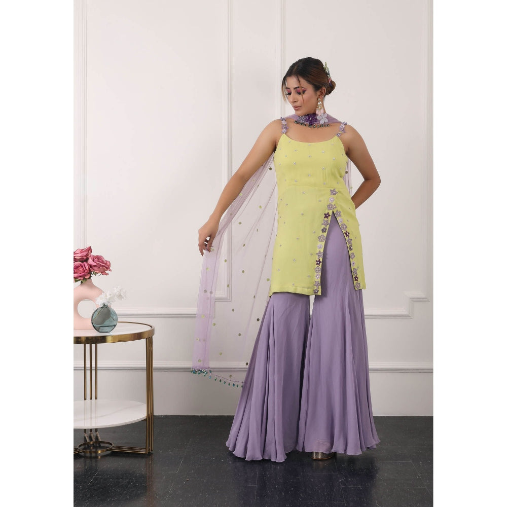 Kiran Kalsi Yellow and Lavender Embroidered Kurti with Sharara and Dupatta (Set of 3)