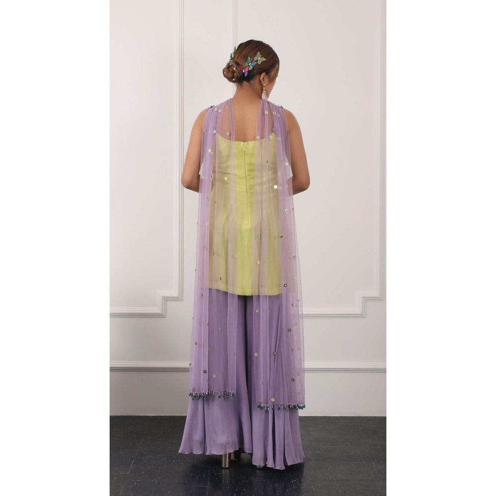 Kiran Kalsi Yellow and Lavender Embroidered Kurti with Sharara and Dupatta (Set of 3)