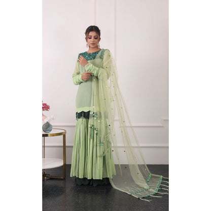 Kiran Kalsi Green 3D Embroidered Kurti with Sharara and Dupatta (Set of 3)