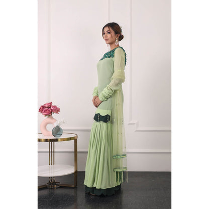 Kiran Kalsi Green 3D Embroidered Kurti with Sharara and Dupatta (Set of 3)