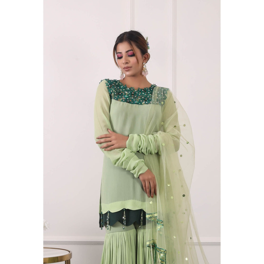 Kiran Kalsi Green 3D Embroidered Kurti with Sharara and Dupatta (Set of 3)