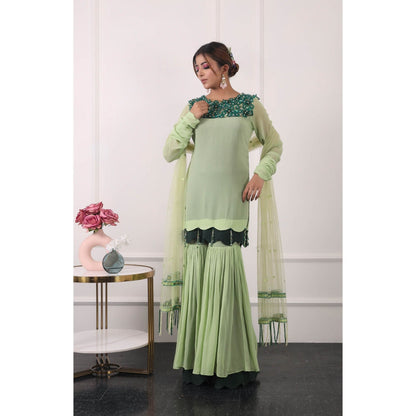 Kiran Kalsi Green 3D Embroidered Kurti with Sharara and Dupatta (Set of 3)