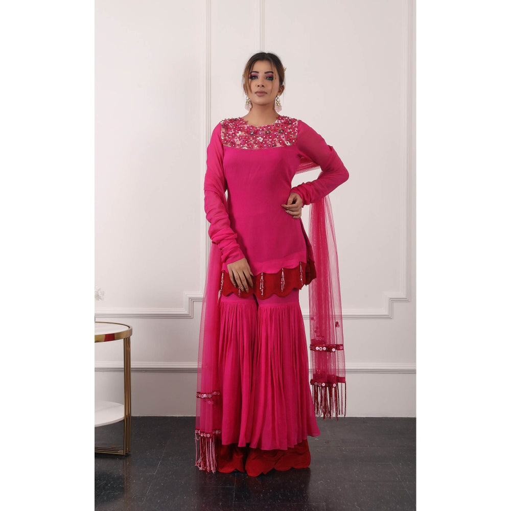 Kiran Kalsi Pink 3D Embroidered Kurti with Sharara and Dupatta (Set of 3)