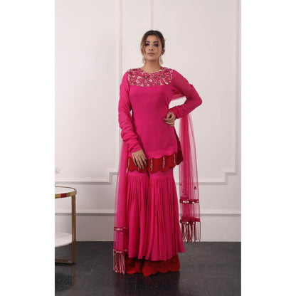 Kiran Kalsi Pink 3D Embroidered Kurti with Sharara and Dupatta (Set of 3)