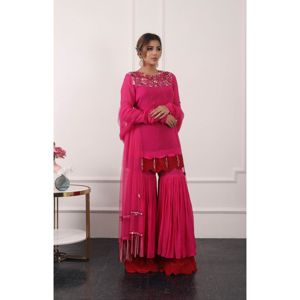Kiran Kalsi Pink 3D Embroidered Kurti with Sharara and Dupatta (Set of 3)