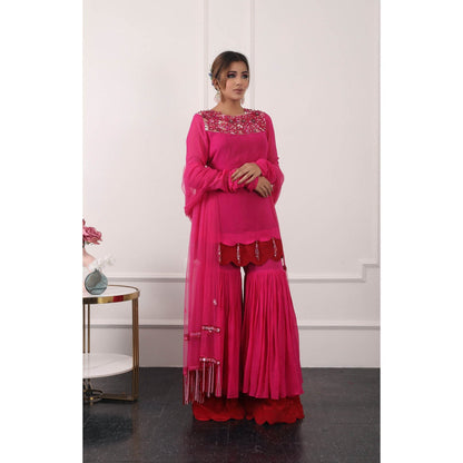 Kiran Kalsi Pink 3D Embroidered Kurti with Sharara and Dupatta (Set of 3)
