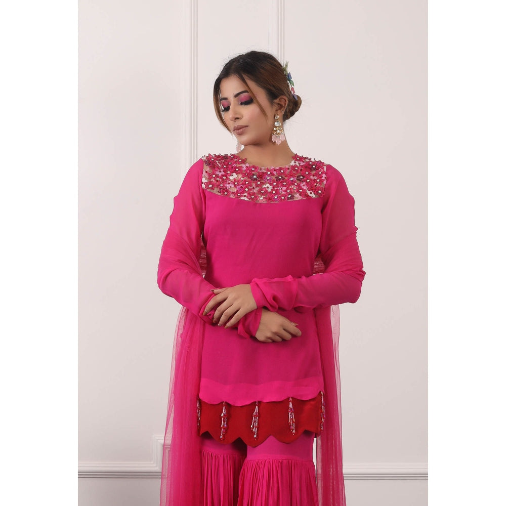 Kiran Kalsi Pink 3D Embroidered Kurti with Sharara and Dupatta (Set of 3)