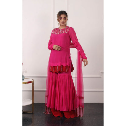Kiran Kalsi Pink 3D Embroidered Kurti with Sharara and Dupatta (Set of 3)